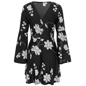 Young17 Flare Long Sleeve Boho Floral Printed Sexy V Neck Black Party Wrap Skater Mini Women Dress