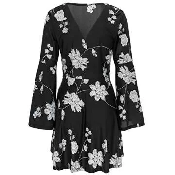 Young17 Flare Long Sleeve Boho Floral Printed Sexy V Neck Black Party Wrap Skater Mini Women Dress