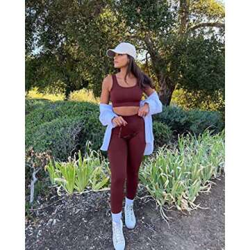 QINSEN Stretchy Leggings Women Exercise Outfits 2 Pieces Yoga Sexy Crop Top and Leggings Set Coffee ...