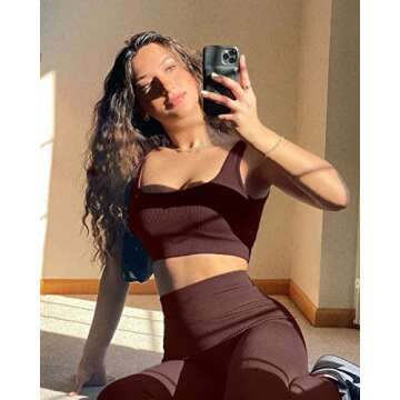 QINSEN Women’s Yoga Crop Top & Leggings Set - Coffee M