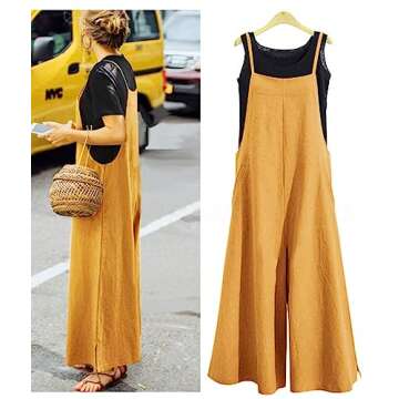 YESNO Women Casual Loose Boyfriend Bib Pants Summer Wide Leg Cotton Jumpsuits Rompers with Pockets XS-5X (M PZZTYP2 Ginger)