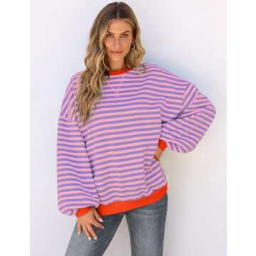 UEU Women Striped Color Block Sweatshirt Oversized Crewneck Long Sleeve Pullover Top Casual Loose Fit Sweater Shirt Pink Purple Small