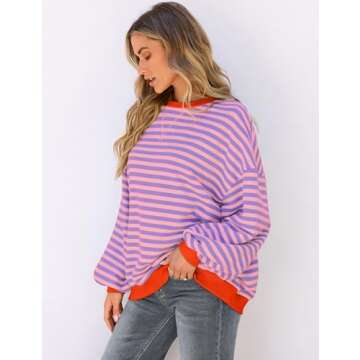 UEU Women Striped Color Block Sweatshirt Oversized Crewneck Long Sleeve Pullover Top Casual Loose Fit Sweater Shirt Pink Purple Small