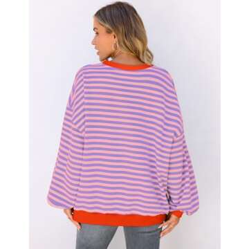 UEU Women Striped Color Block Sweatshirt Oversized Crewneck Long Sleeve Pullover Top Casual Loose Fit Sweater Shirt Pink Purple Small