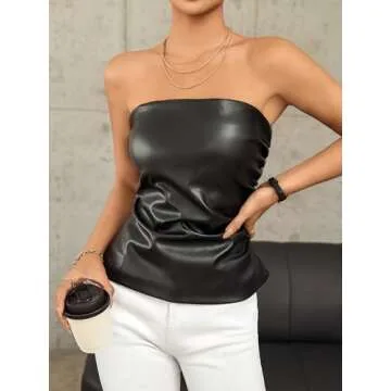 Floerns Women's PU Leather Strapless Asymmetrical Hem Bandeau Ruched Tube Top Black X-Small