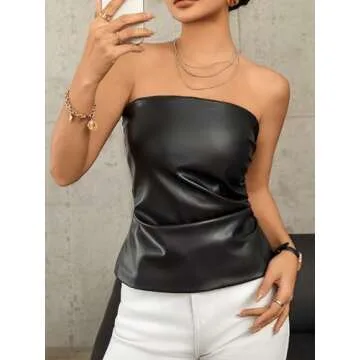 Floerns Women's PU Leather Strapless Asymmetrical Hem Bandeau Ruched Tube Top Black X-Small