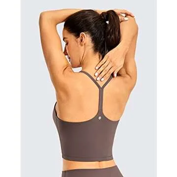 CRZ YOGA Womens Y Back Longline Sports Bra - Racerback Spaghetti Straps Padded Workout Crop Tank Tops with Built in Bra Purple Taupe Medium