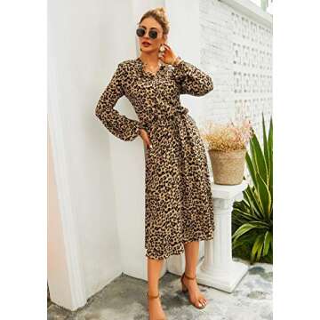 KIRUNDO Women's 2023 Fall Winter Long Sleeve Leopard Print Midi Dress Button Flowy A-Line High Waist Dresses with Belt