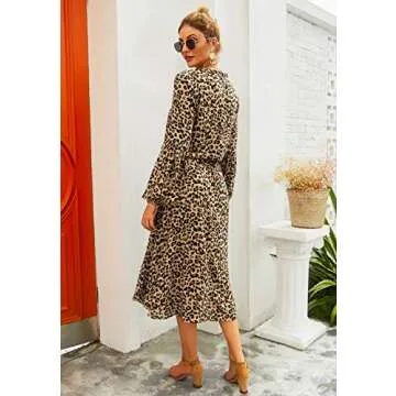 KIRUNDO Women's 2023 Fall Winter Long Sleeve Leopard Print Midi Dress Button Flowy A-Line High Waist Dresses with Belt