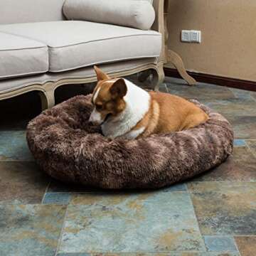 Oval Calming Donut Cuddler Dog Bed,Shag Faux Fur Cat Bed Washable Round Pillow Pet Bed(30"/36"/43") for Small Medium Dogs (L(30"x24"x7"), Brown2021)