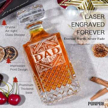 PONPUR Gifts for Men Dad, Whiskey Decanter Set with 2 Glasses with Wooden Box, Unique Dad Birthday G...