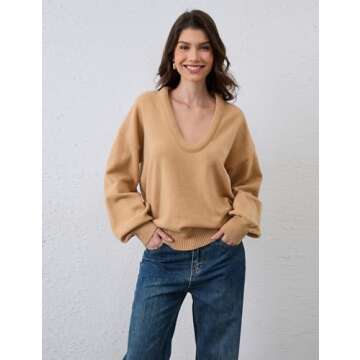 Livtany Women’s Oversized Ribbed Deep V Neck Sweater Long Sleeve Drop Shoulder Pullover Top Casual...