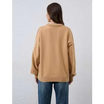 Livtany Women’s Oversized Ribbed Deep V Neck Sweater Long Sleeve Drop Shoulder Pullover Top Casual 2024 Trendy Fall Clothing Khaki