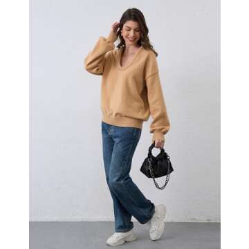 Livtany Women’s Oversized Ribbed Deep V Neck Sweater Long Sleeve Drop Shoulder Pullover Top Casual 2024 Trendy Fall Clothing Khaki