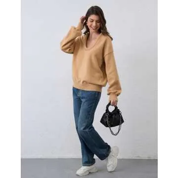 Livtany Women’s Oversized Ribbed Deep V Neck Sweater Long Sleeve Drop Shoulder Pullover Top Casual 2024 Trendy Fall Clothing Khaki