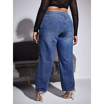 WDIRARA Women's Plus Size Ripped High Waist Cut Out Straight Leg Jeans Denim Pants Plain Dark Blue 0...