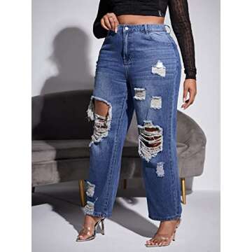 WDIRARA Women's Plus Size Ripped High Waist Cut Out Straight Leg Jeans Denim Pants Plain Dark Blue 0XL