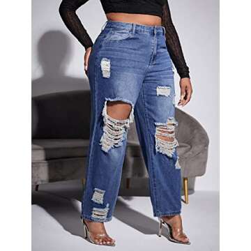 WDIRARA Women's Plus Size Ripped High Waist Cut Out Straight Leg Jeans Denim Pants Plain Dark Blue 0XL
