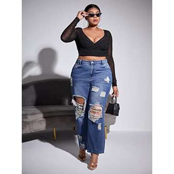 WDIRARA Women's Plus Size Ripped High Waist Cut Out Straight Leg Jeans Denim Pants Plain Dark Blue 0XL
