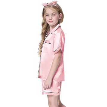 Schbbbta Satin Pajamas for Girls, 2 Pcs Sleepwear Short Sleeve Silk Satain Summer Pajama Set for Girls, Bright Pink, 9-10 Years = Tag 150