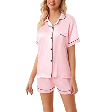 Schbbbta Satin Pajamas for Girls, 2 Pcs Sleepwear Short Sleeve Silk Satain Summer Pajama Set for Girls, Bright Pink, 9-10 Years = Tag 150
