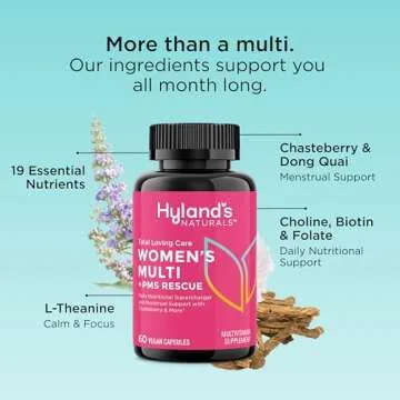 Hyland's Total Loving Care Multivitamin for Women and PMS Rescue, 60 Vegan Capsules with L-Theanine for Focus and Stress Relief Support with Chasteberry and Dong Quai for Menstrual Support