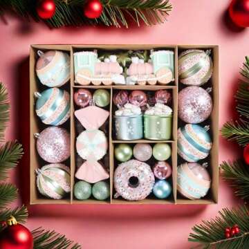 Fruasio 70PCS Colorful Candy Ornament Set for Christmas Tree, Shiny Brite Pastel Decorations Includi...