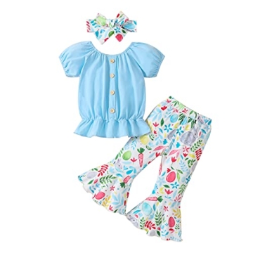 Guodeunh Toddler Baby Girl Easter Outfits Kid Girl Short Sleeve Shirt Top Bunny Bell Bottom Flared P...