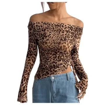 SHENHE Women's Sexy Cheetah Print Off Shoulder Long Sleeve Asymmetrical Y2k Fitted Crop Tee Top Coff...