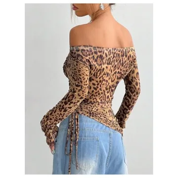 Stylish SHENHE Cheetah Print Off Shoulder Crop Tee