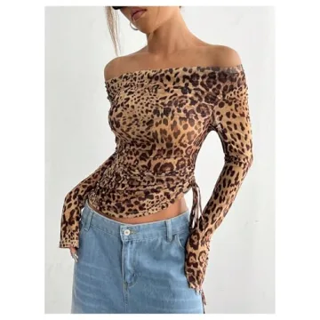 Stylish SHENHE Cheetah Print Off Shoulder Crop Tee