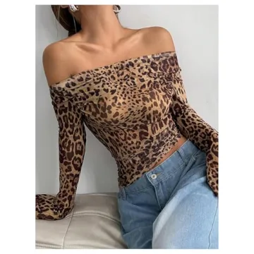 Stylish SHENHE Cheetah Print Off Shoulder Crop Tee