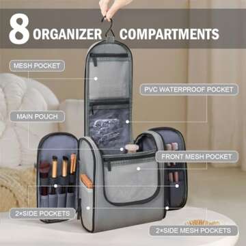 WOOMADA Toiletry Bag for Women,Makeup Bag with Metal Hanging Hook, 8 Organizer Compartments with PVC...