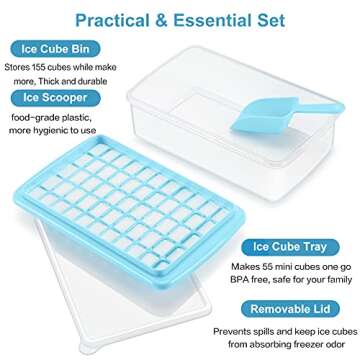 ARTLEO Ice Cube Tray with Lid and Bin for Freezer, Easy Release 55 Trapezium Ice Cube Tray with Cover, Storage Container, Scoop, Flexible Durable Plastic Nugget Ice Cube Mold & Bucket, BPA Free