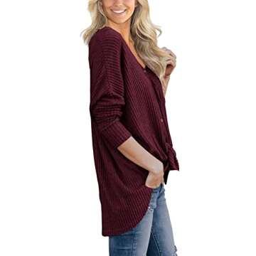 IWOLLENCE Womens Loose Henley Blouse Bat Wing Long Sleeve Button Down T Shirts Tie Front Knot Tops Wine Red, M