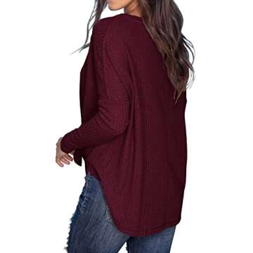 IWOLLENCE Womens Loose Henley Blouse Bat Wing Long Sleeve Button Down T Shirts Tie Front Knot Tops Wine Red, M