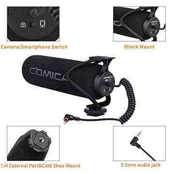 Comica CVM-V30 PRO Camera Microphone Super-Cardioid Directional Condenser Shotgun Video Microphone for Canon Nikon Sony Panasonic DSLR Cameras and for Smartphones, Wind Muff with LyxPro Boompole