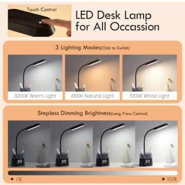 WILIT LED Kids Desk Lamp, Dimmable Study Lamp for Home Office Desk Accessories, with Pen Holder & Cl...