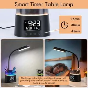 WILIT LED Kids Desk Lamp, Dimmable Study Lamp for Home Office Desk Accessories, with Pen Holder & Clock, USB Charging, RGB Night Light, Bedroom & College Dorm Room Essentials for Girls - Black