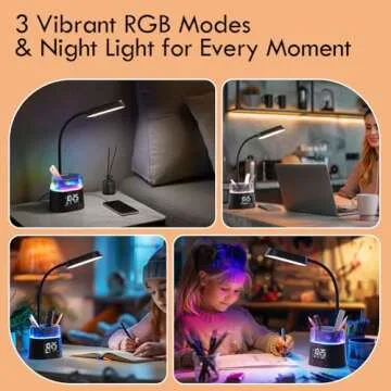 WILIT LED Kids Desk Lamp, Dimmable Study Lamp for Home Office Desk Accessories, with Pen Holder & Clock, USB Charging, RGB Night Light, Bedroom & College Dorm Room Essentials for Girls - Black