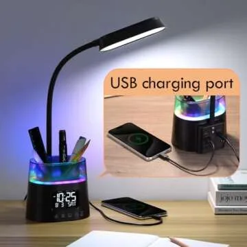 WILIT LED Kids Desk Lamp, Dimmable Study Lamp for Home Office Desk Accessories, with Pen Holder & Clock, USB Charging, RGB Night Light, Bedroom & College Dorm Room Essentials for Girls - Black