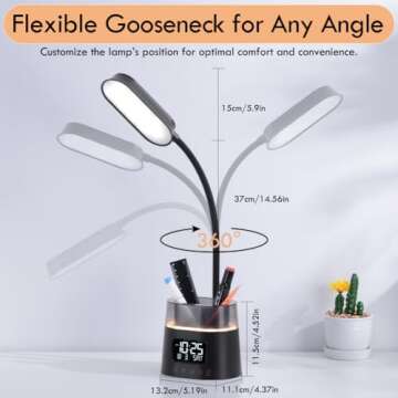 WILIT LED Kids Desk Lamp, Dimmable Study Lamp for Home Office Desk Accessories, with Pen Holder & Clock, USB Charging, RGB Night Light, Bedroom & College Dorm Room Essentials for Girls - Black
