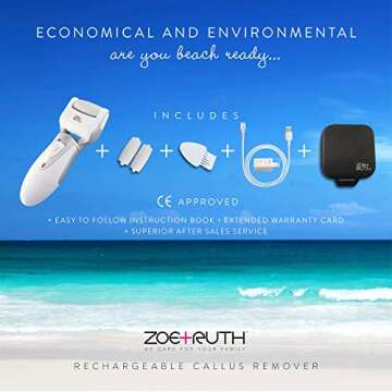 Electric Callus Remover Foot File, Rechargeable Pedicure Tools for Dry Hard Cracked Dead Skin on Your Heels & Feet by Zoe+Ruth ZR-CR200. 3 Professional Quality Pedi Exfoliation Rollers & Storage Case