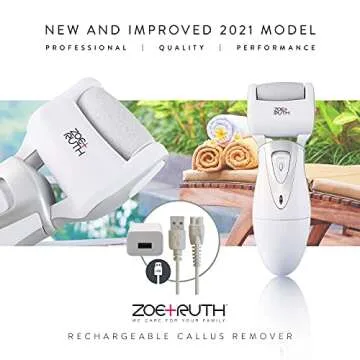Electric Callus Remover Foot File, Rechargeable Pedicure Tools for Dry Hard Cracked Dead Skin on Your Heels & Feet by Zoe+Ruth ZR-CR200. 3 Professional Quality Pedi Exfoliation Rollers & Storage Case