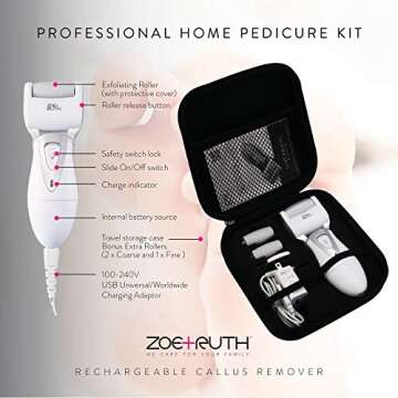 Electric Callus Remover Foot File, Rechargeable Pedicure Tools for Dry Hard Cracked Dead Skin on Your Heels & Feet by Zoe+Ruth ZR-CR200. 3 Professional Quality Pedi Exfoliation Rollers & Storage Case