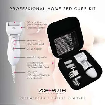 Electric Callus Remover Foot File, Rechargeable Pedicure Tools for Dry Hard Cracked Dead Skin on Your Heels & Feet by Zoe+Ruth ZR-CR200. 3 Professional Quality Pedi Exfoliation Rollers & Storage Case