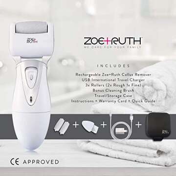 Electric Callus Remover Foot File, Rechargeable Pedicure Tools for Dry Hard Cracked Dead Skin on Your Heels & Feet by Zoe+Ruth ZR-CR200. 3 Professional Quality Pedi Exfoliation Rollers & Storage Case