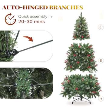 YITAHOME Pre-lit Pre-Decorated Pine Artificial Christmas Tree, 6FT Artificial Hinged Xmas Tree with 818 Flocked Frosted Tips, 250 Lights, 58 Pine Cones & 58 Red Berries for Holiday Party Office Home
