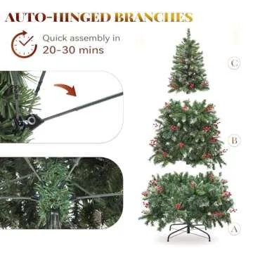 YITAHOME Pre-lit Pre-Decorated Pine Artificial Christmas Tree, 6FT Artificial Hinged Xmas Tree with 818 Flocked Frosted Tips, 250 Lights, 58 Pine Cones & 58 Red Berries for Holiday Party Office Home