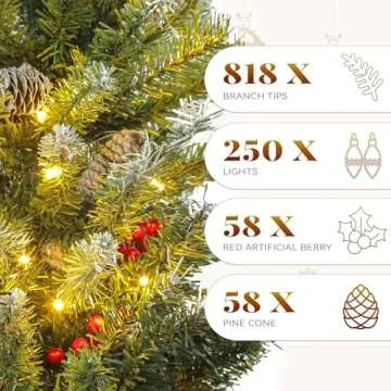YITAHOME Pre-lit Pre-Decorated Pine Artificial Christmas Tree, 6FT Artificial Hinged Xmas Tree with 818 Flocked Frosted Tips, 250 Lights, 58 Pine Cones & 58 Red Berries for Holiday Party Office Home